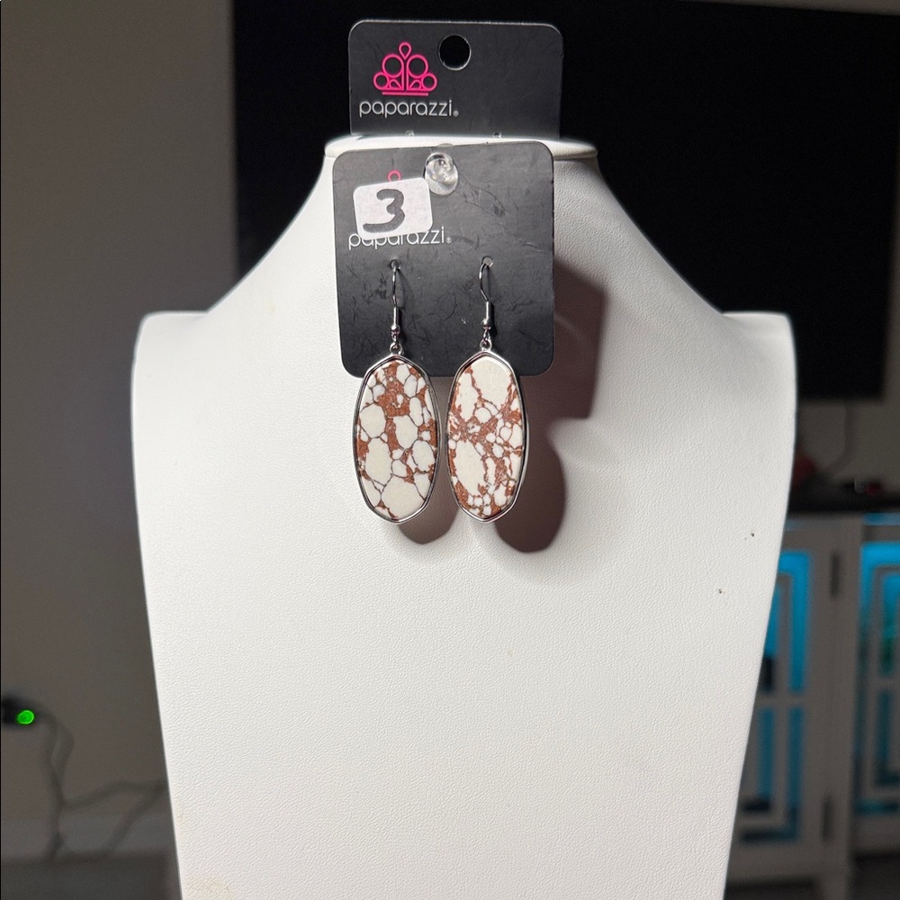 Paparazzi White and Brown Marbled Oval Drop Earrings
